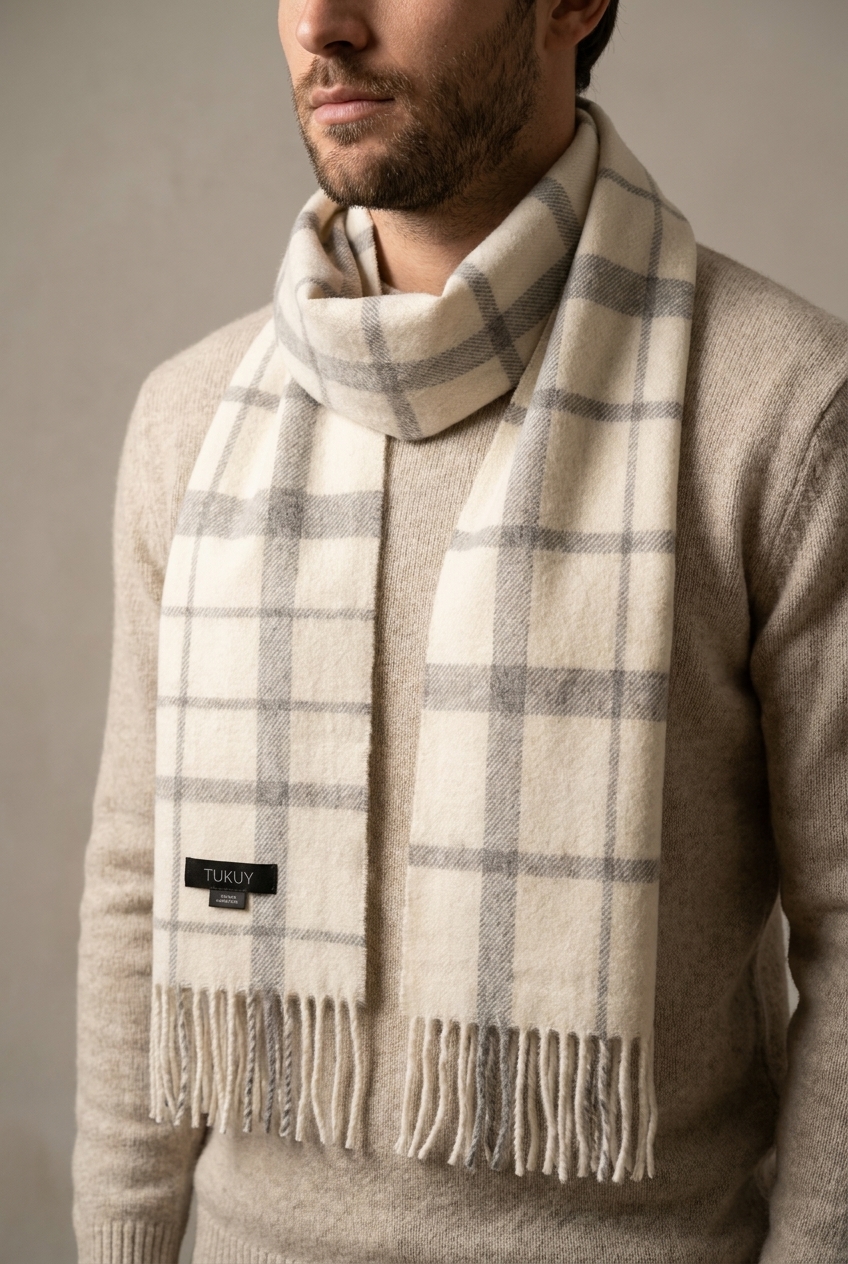 man wearing an alpaca scarf in gray and white studio photo tukuy