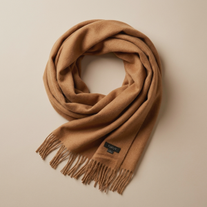 Camel alpaca wool scarf with fringed edges displayed on a neutral background.