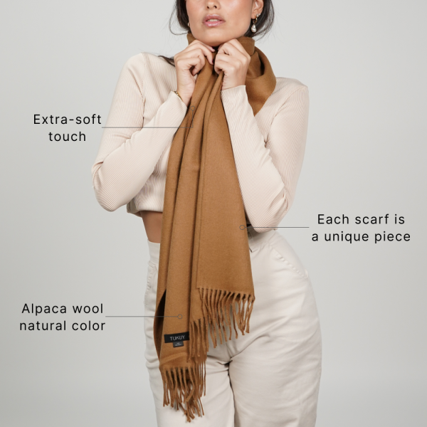 Soft camel alpaca scarf made from natural alpaca wool, featuring a timeless design and unique natural color.