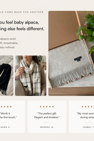 Luxury baby alpaca scarves by Tukuy, beautifully packaged and ready for gifting, featuring timeless designs and exceptional softness.