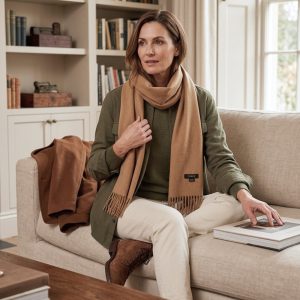 Woman wearing a camel alpaca scarf with olive green outerwear and ivory trousers.