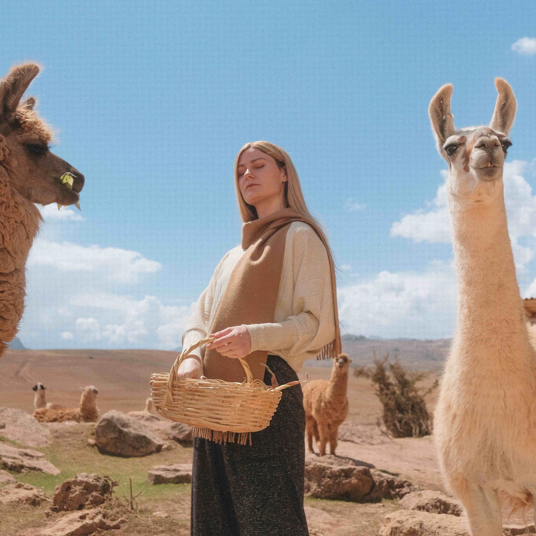 Natural camel alpaca wool scarf worn in the Peruvian Andes, showcasing its soft texture, warm camel color, elegant drape, and authentic alpaca fiber origin.