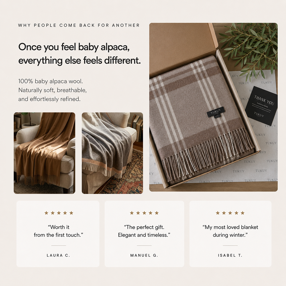 Baby alpaca blanket gift box with customer reviews showcasing the softness and premium quality of Tukuy alpaca blankets
