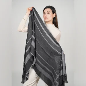 woman holding alpaca silk shawl showing the design