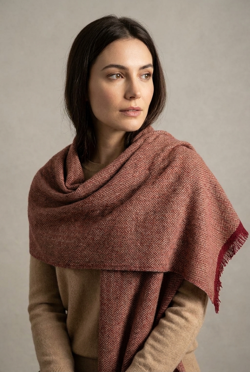 woman in a studio session wearing an alpaca shawl in red and gold tones from tukuy brand
