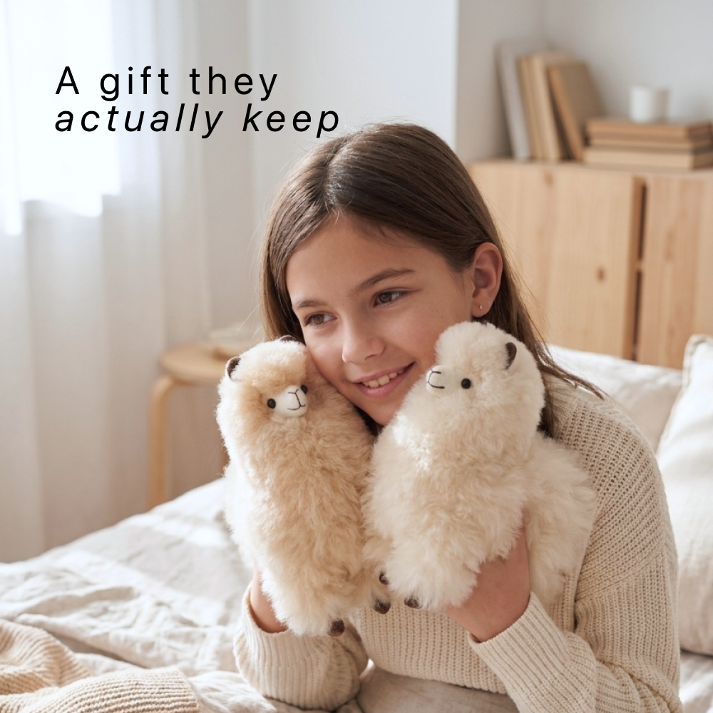 Niño sosteniendo un peluche de alpaca como regalo en su habitación