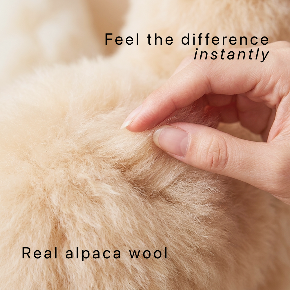 Mano tocando un peluche de alpaca hecho con lana de alpaca natural