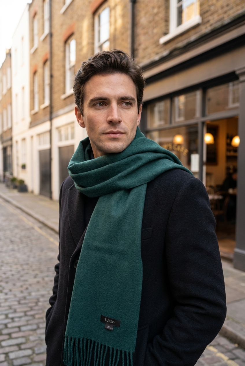 male model using a green alpaca wool scarf in london