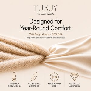 TUKUY alpaca shawl: 70% baby alpaca, 30% silk; designed for year-round comfort, softness, and temperature regulation