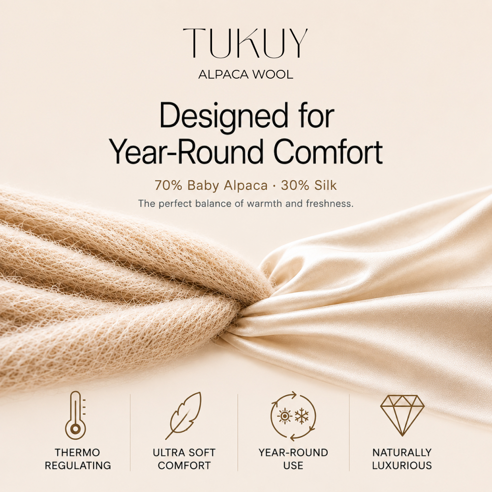 TUKUY alpaca shawl: 70% baby alpaca, 30% silk; designed for year-round comfort, softness, and temperature regulation