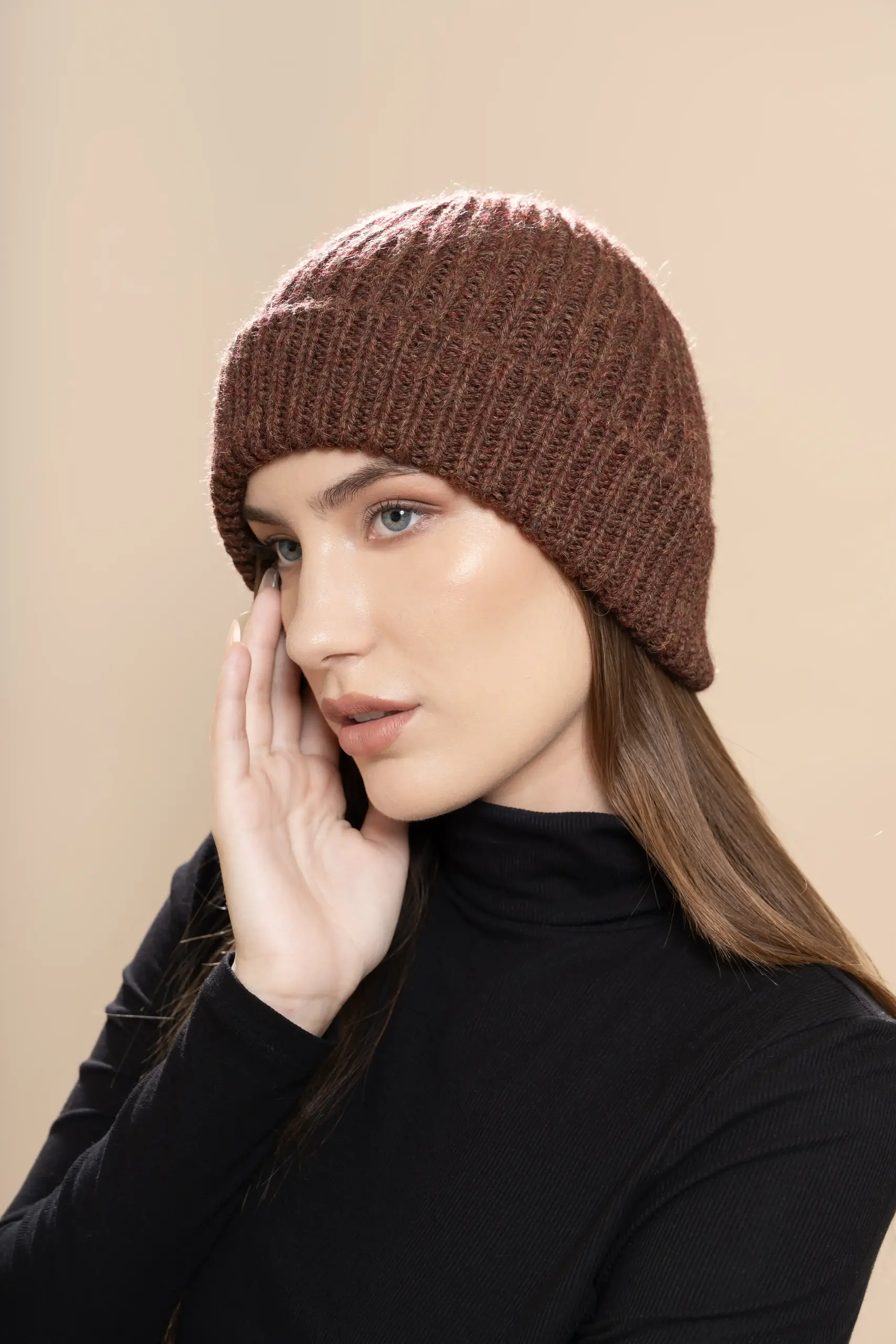 Brown alpaca wool beanie detail.