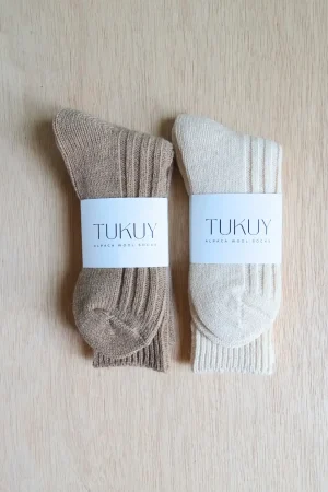 alpaca socks beige and brown made by tukuy brand
