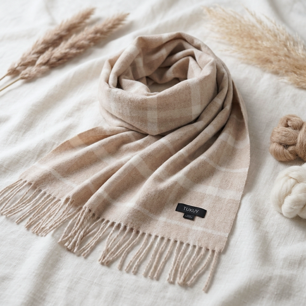 Beige check alpaca scarf displayed on a neutral linen surface, highlighting its classic checked pattern, luxurious alpaca wool texture, natural beige tones, and finished fringes.