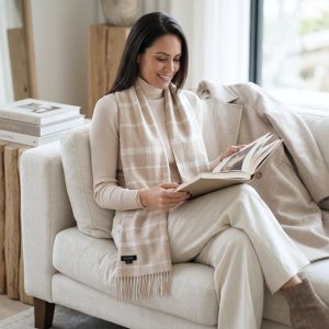 Woman wearing a beige check alpaca scarf with cream clothing, demonstrating how the timeless checked design complements soft neutral tones for an elegant and versatile outfit.