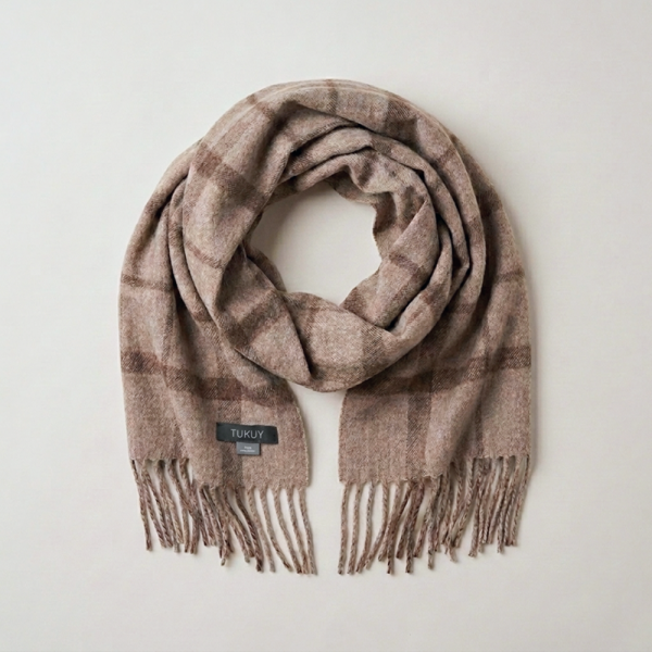 Alpaca Scarf in Brown Check displayed flat, showcasing its classic heritage-inspired pattern, rich natural tones, soft alpaca wool texture, and timeless design.