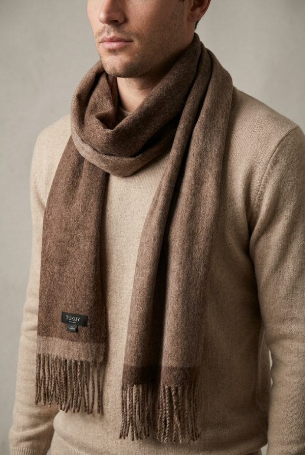 man wearing a alpaca scarf reversible in brown and light brown