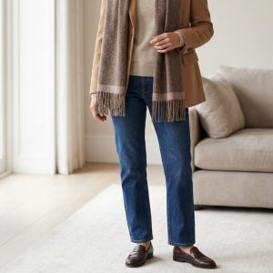 Reversible brown alpaca scarf paired with a camel blazer, cream knitwear, and blue jeans, highlighting the versatility of its dual-tone design for refined casual styling.