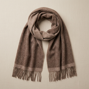 Reversible brown alpaca scarf displayed flat, highlighting its dual-tone brown design, natural alpaca wool softness, hand-finished fringes, and timeless craftsmanship.