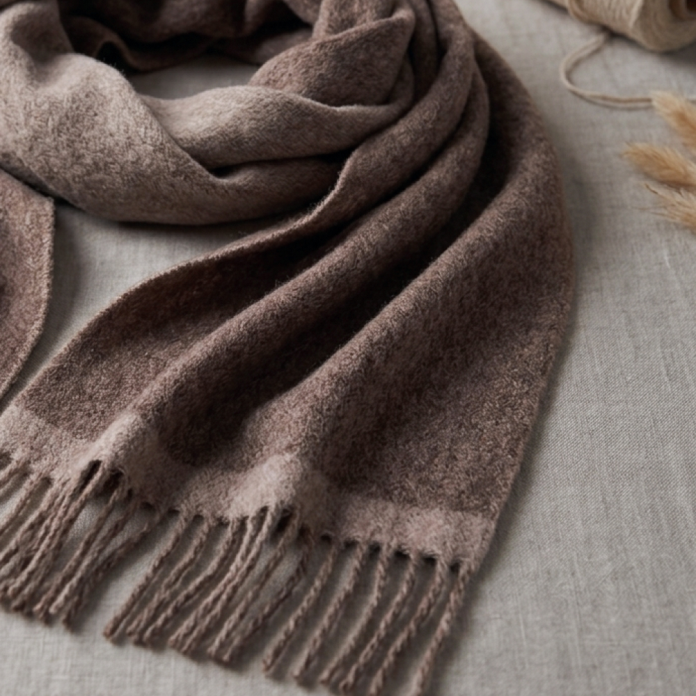 Reversible brown alpaca scarf displayed on a neutral linen surface, highlighting its dual-tone brown color palette, luxurious alpaca wool texture, and hand-finished fringes.