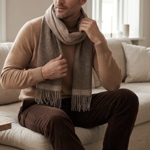 Man wearing a reversible brown alpaca scarf with a camel sweater and chocolate brown trousers, demonstrating how warm earthy tones create a refined and sophisticated winter outfit.
