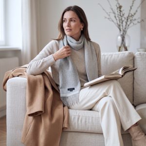 Woman wearing a reversible gray alpaca scarf with a beige sweater, cream trousers, and a camel coat, demonstrating a sophisticated combination of gray and warm neutral tones.
