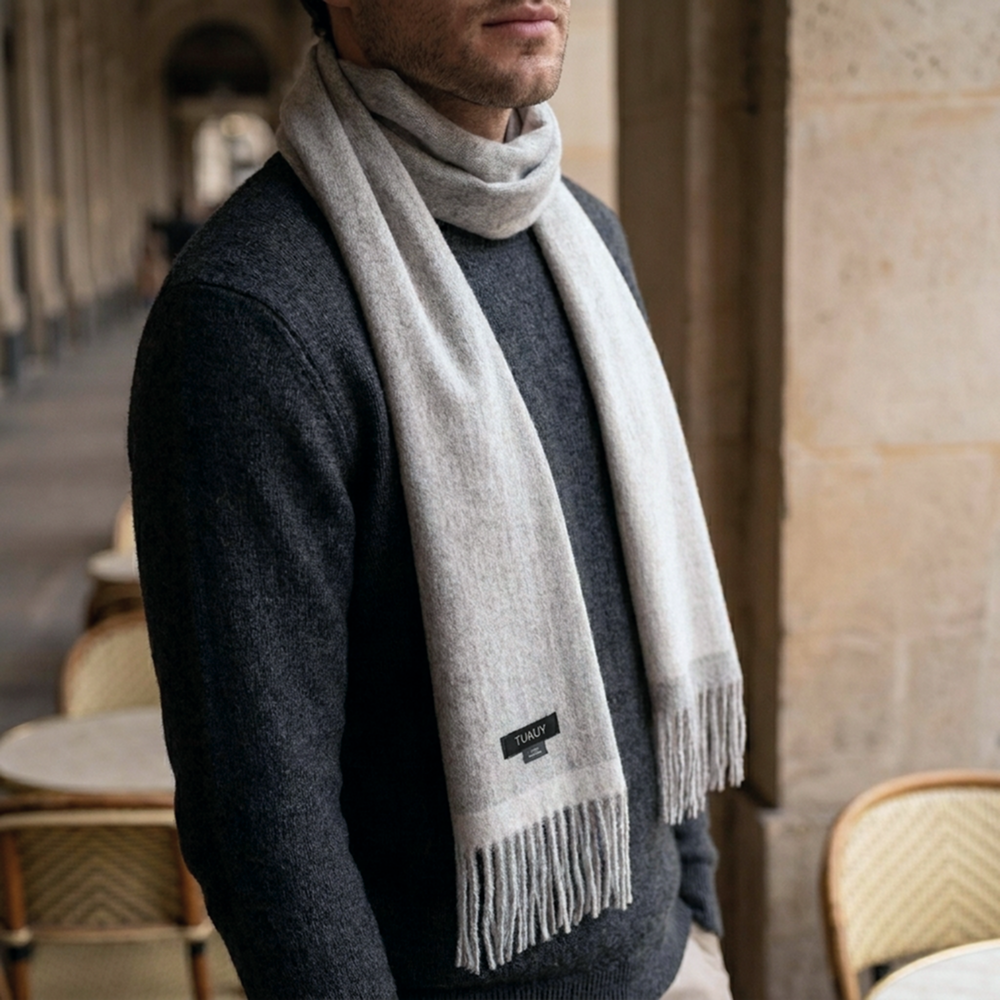 Man wearing a reversible gray alpaca scarf with a charcoal knit sweater, showcasing the scarf