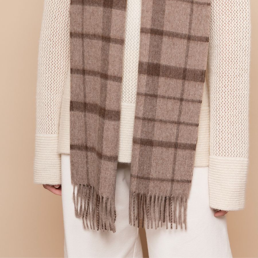 check alpaca scarf in chocolate brown by tukuy alpaca wool