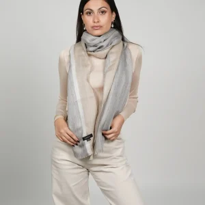 women wearing a gray and beige alpaca shawl made in peru with alpaca and silk soft and made by Tukuy Brand