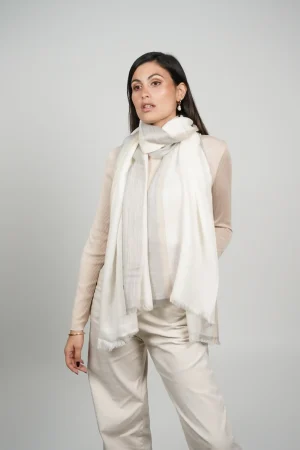 women wearing a white and gray alpaca shawl with silk. Alpaca and silk shawl made by Tukuy Brand