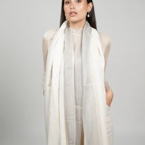 women wearing a white alpaca shawl with silk. Alpaca and silk shawl made by Tukuy Brand
