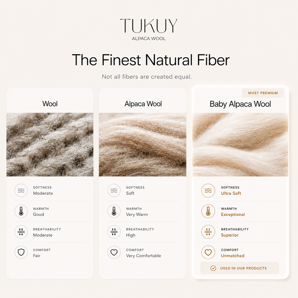 Comparison of wool, alpaca wool and baby alpaca wool showing the exceptional softness and quality of baby alpaca fiber.