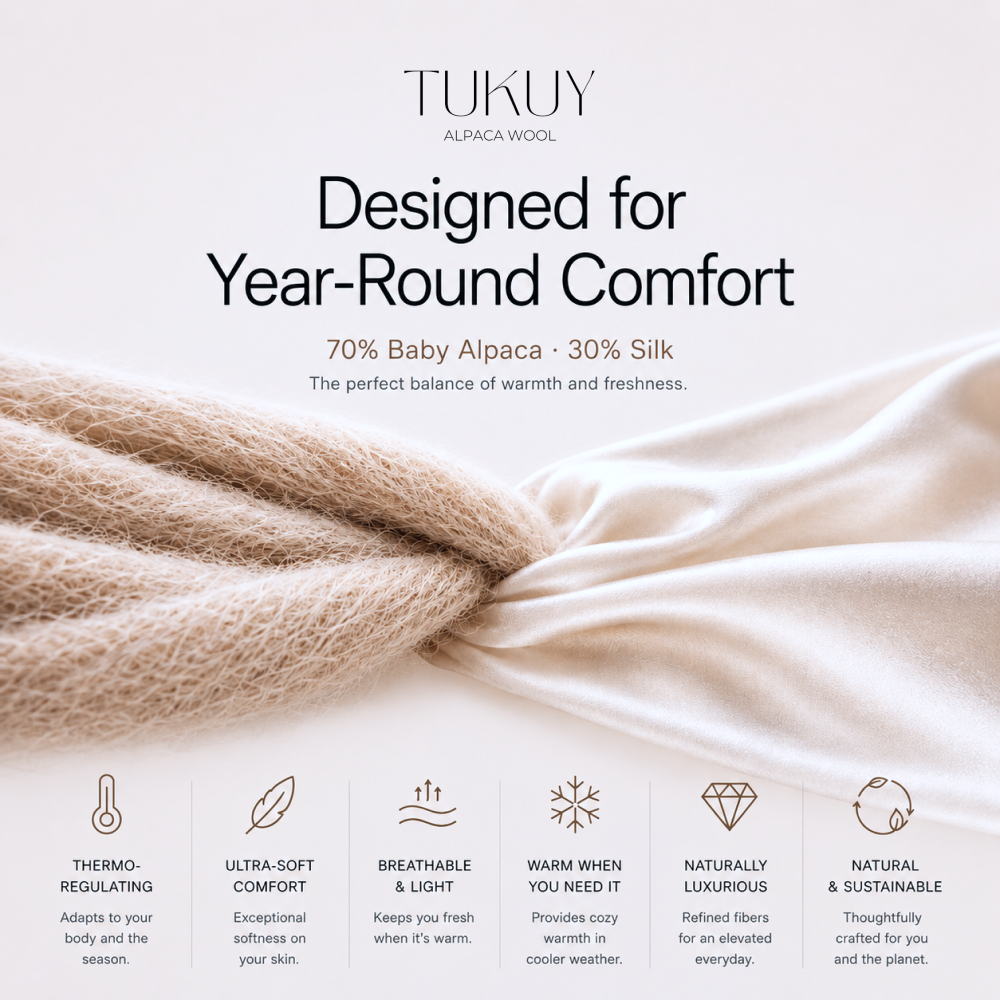 Luxury alpaca and silk shawl showcasing the blend of 70% baby alpaca and 30% silk. Lightweight, breathable, and ultra-soft alpaca shawl designed for year-round comfort, natural warmth, and elegant everyday wear.