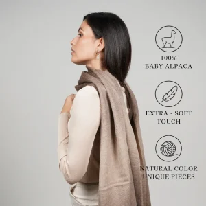 Model wearing a brown alpaca shawl graphic states 100% baby alpaca, extra-soft touch, and unique pieces