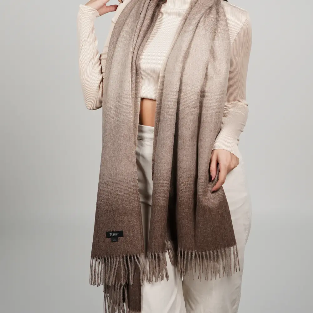 Baby alpaca shawl in brown ombre displaying its full ombre design