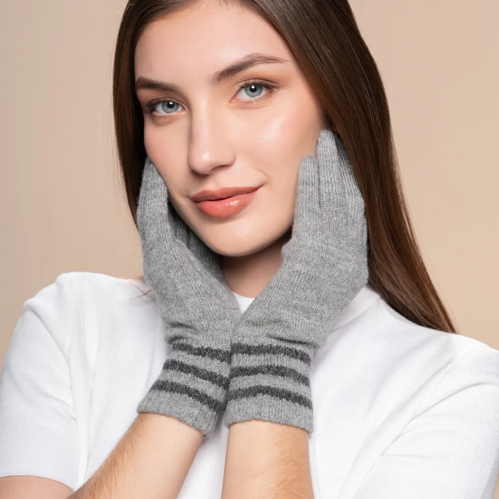 Model wearing gray knit alpaca gloves and a white top