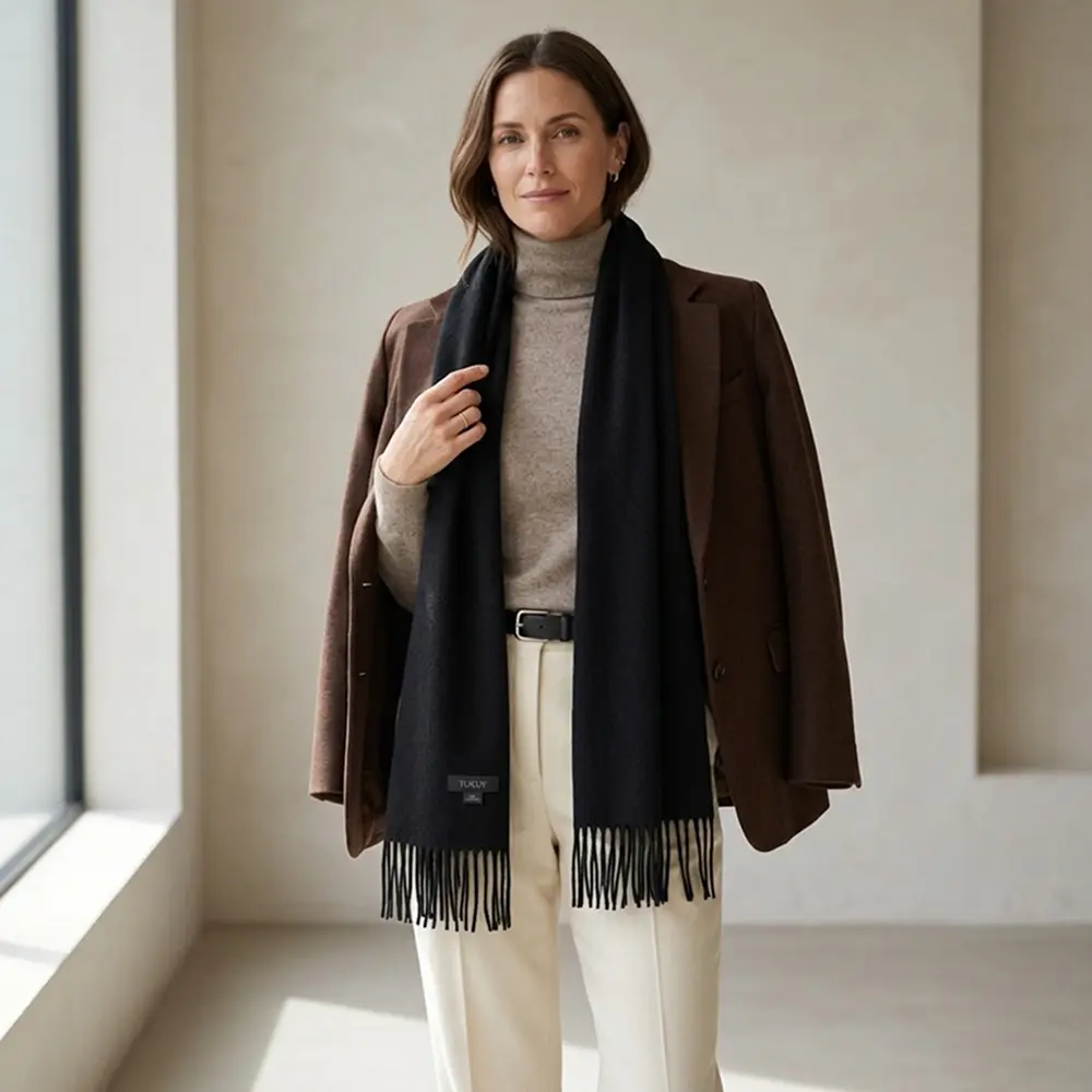 Baby alpaca scarf in black worn with a brown and beige coat