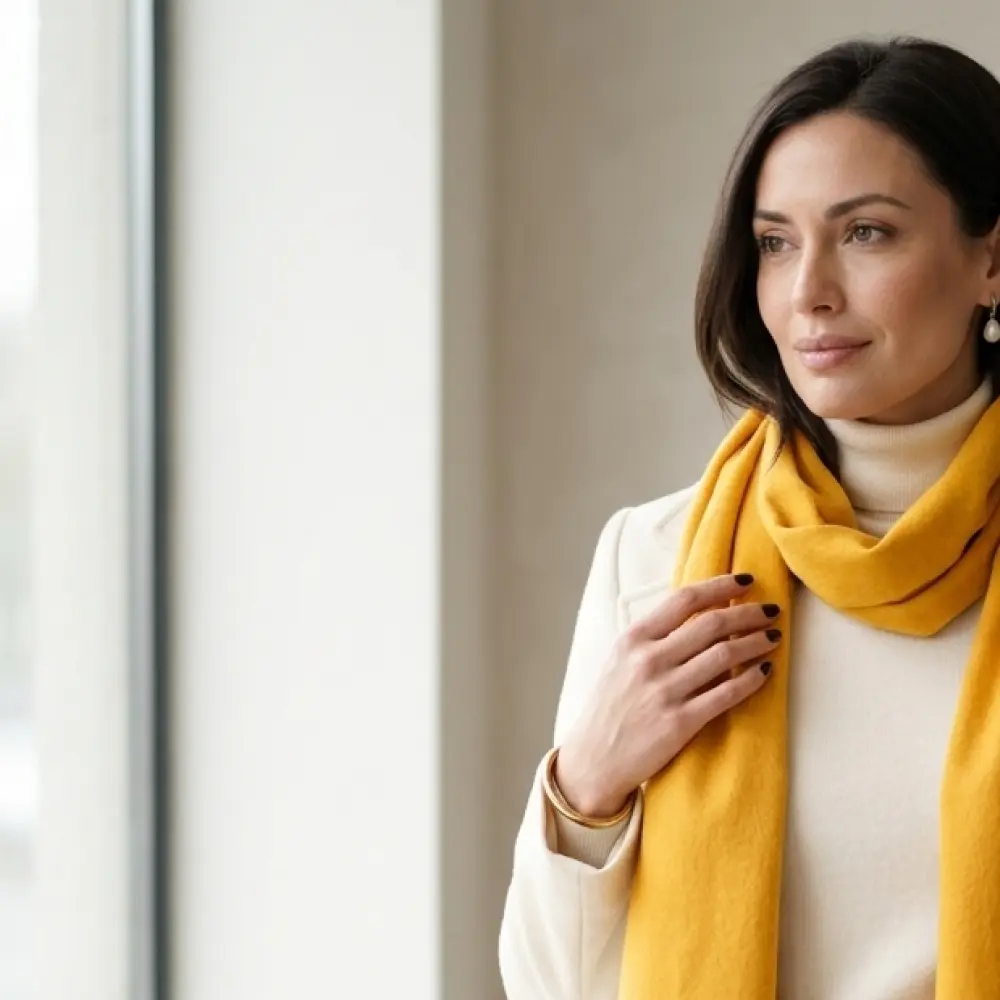 Baby alpaca scarf in mustard yellow worn with a cream sweater