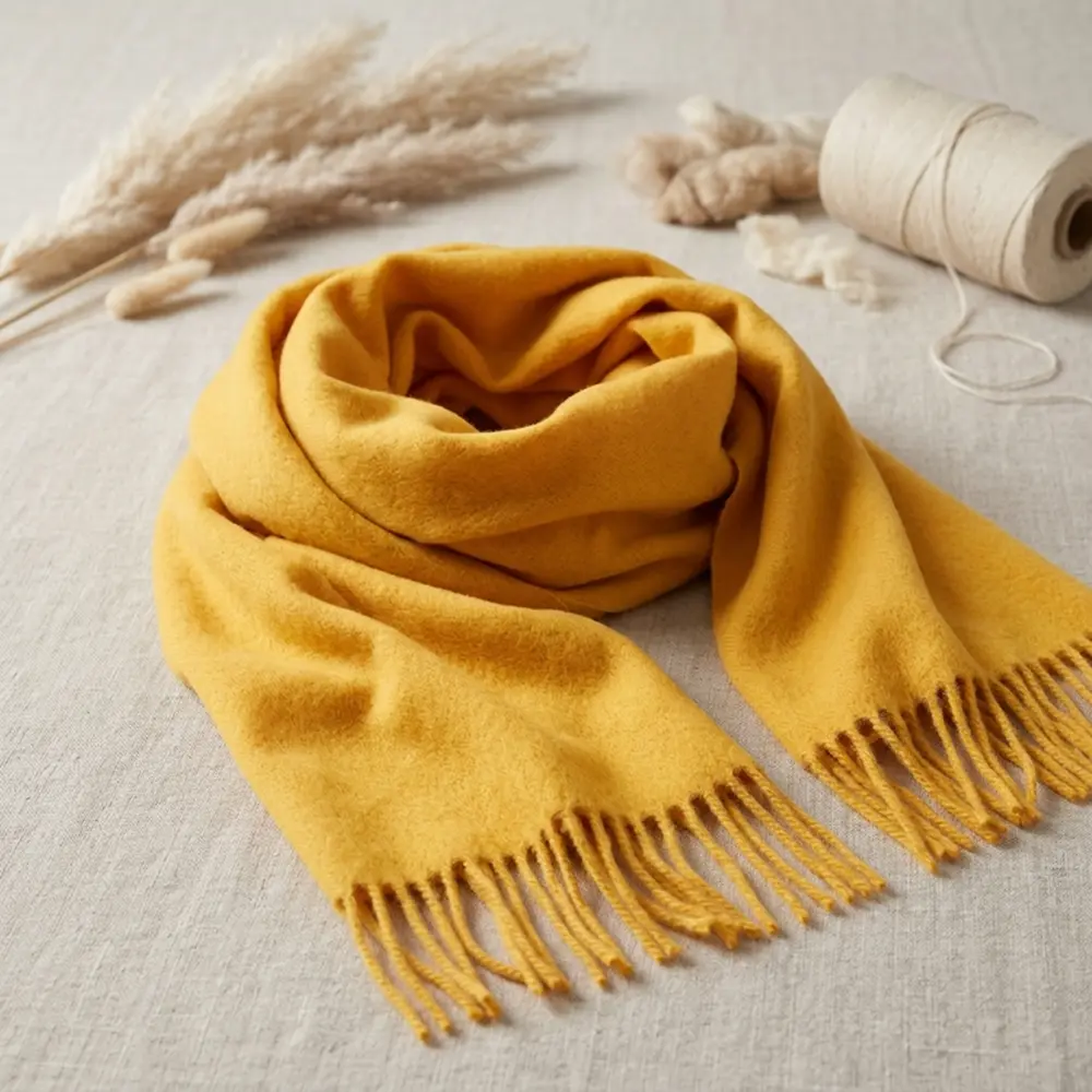 Baby alpaca scarf in mustard yellow folded on a neutral background with fringe details