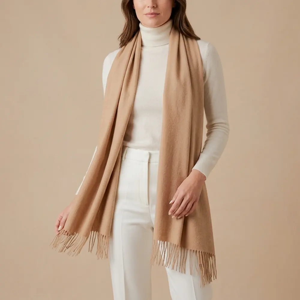 Baby alpaca shawl in beige worn with a white turtleneck sweater