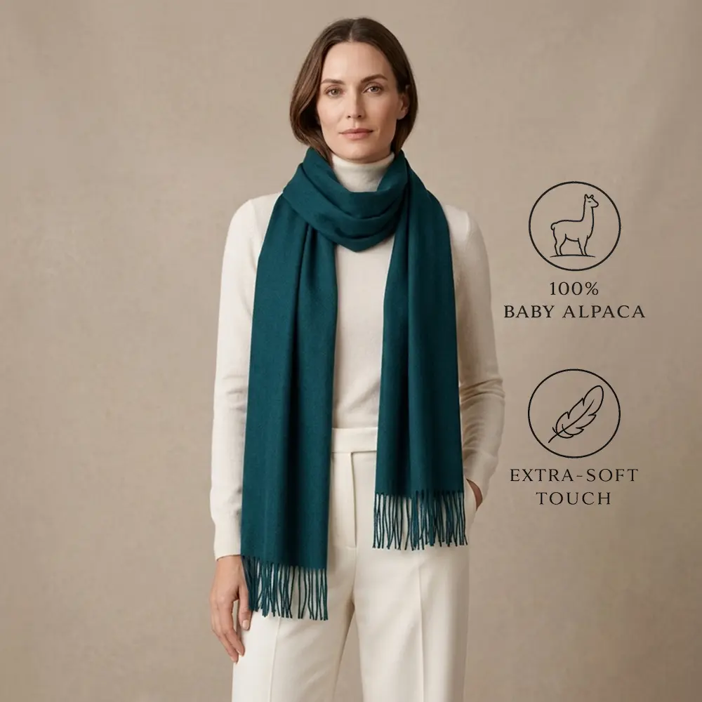 chal de baby alpaca verde combinado con un conjunto blanco, mostrando su tacto extra suave