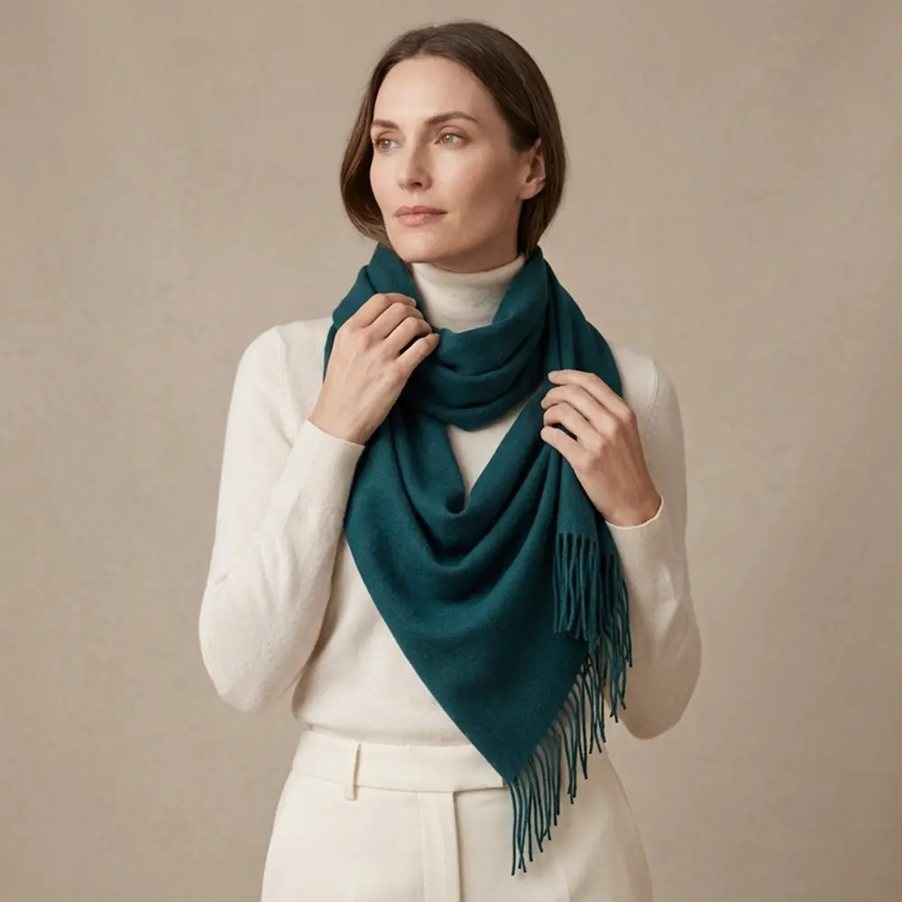 Baby alpaca shawl in green wrapped around the neck with a white turtleneck