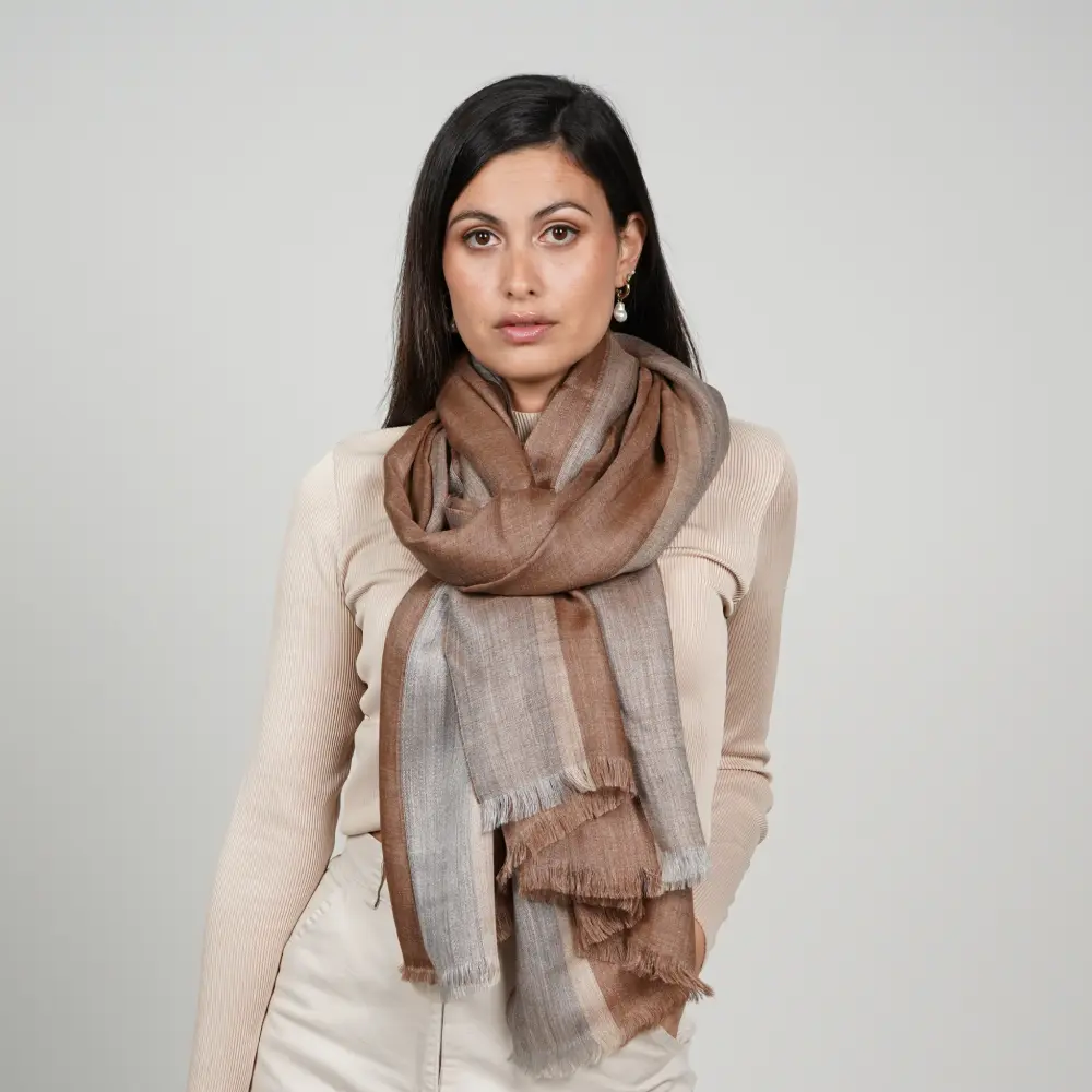 Baby alpaca and silk shawl in brown and grey showcasing its elegant drape