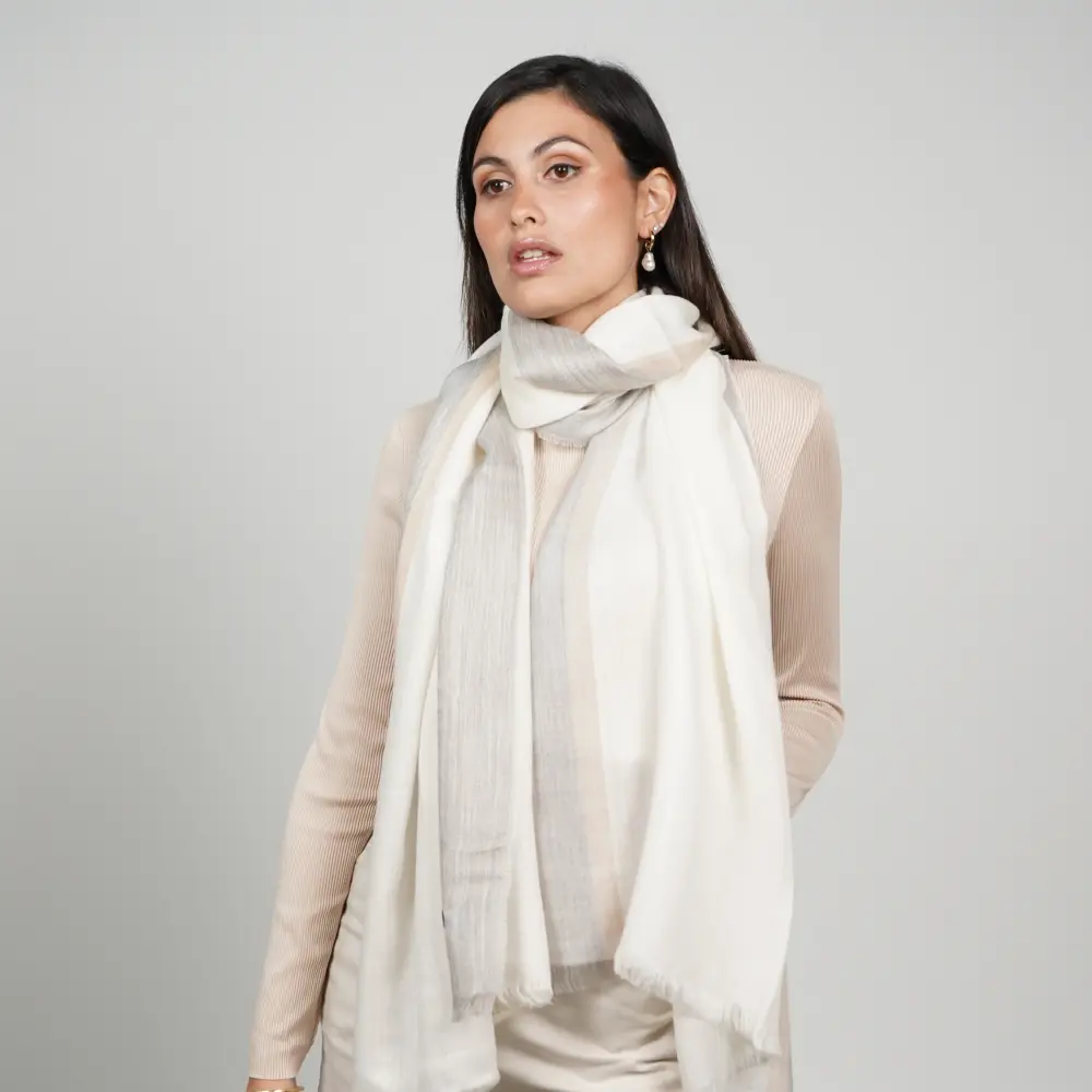 Baby alpaca and silk shawl in grey and white showcasing its elegant drape