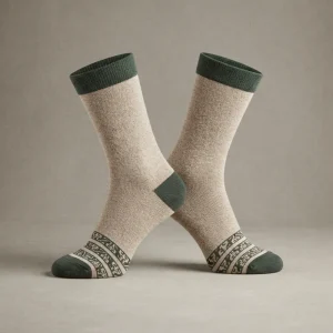 Pair of beige crew alpaca socks with dark green cuffs, heels, and toes, crossed against a neutral background