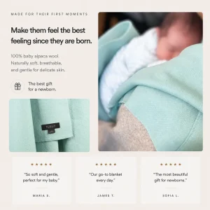 Real comments for a newborn blanket from TUKUY 100% baby alpaca wool blanket, showing a newborn wrapped in a soft mint-green blanket