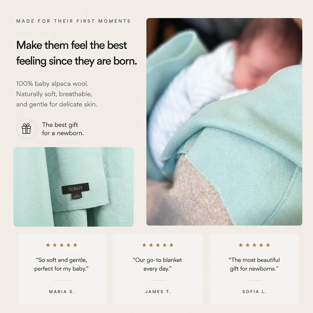 Real comments for a newborn blanket from TUKUY 100% baby alpaca wool blanket, showing a newborn wrapped in a soft mint-green blanket