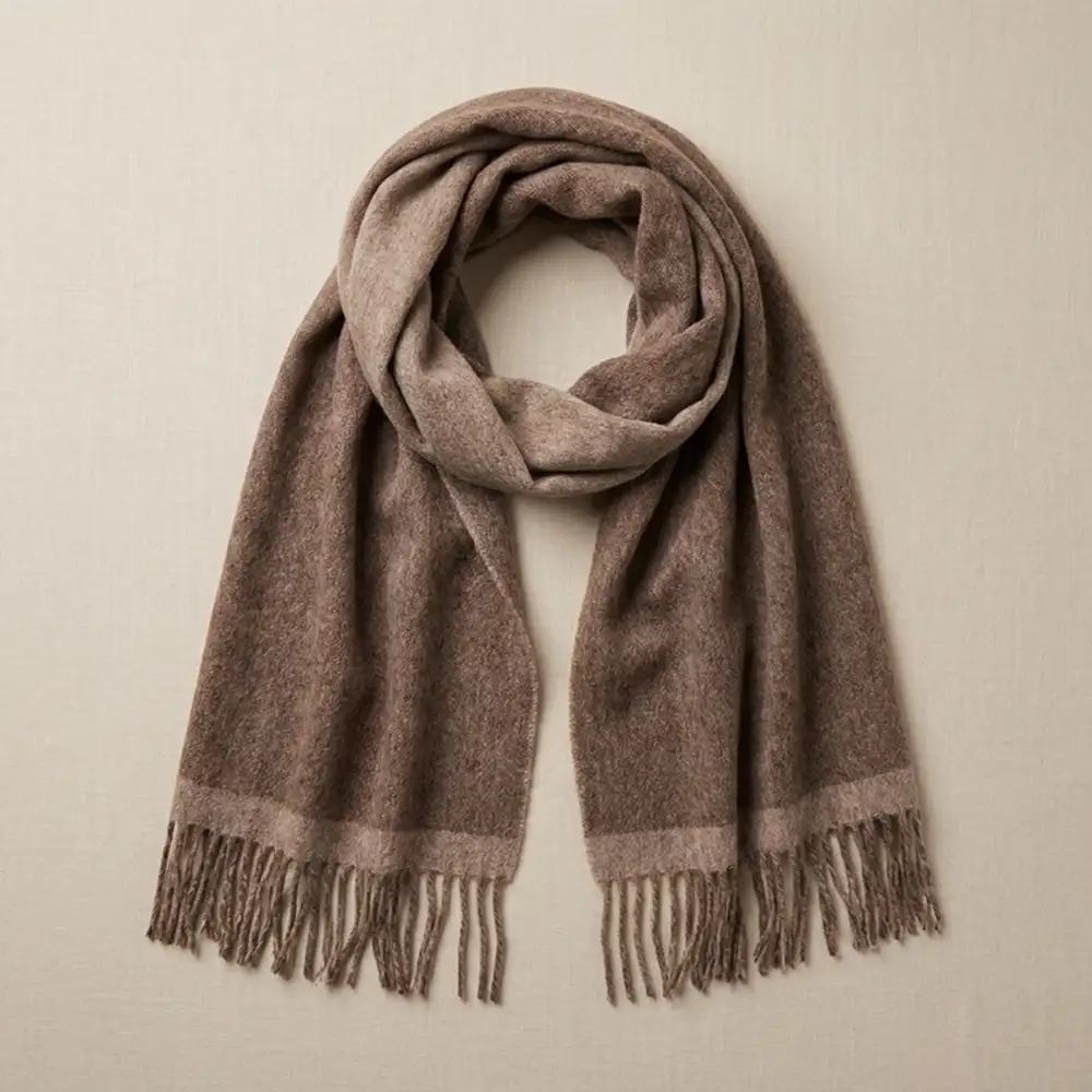 Brown fringed alpaca scarf draped against a beige wall